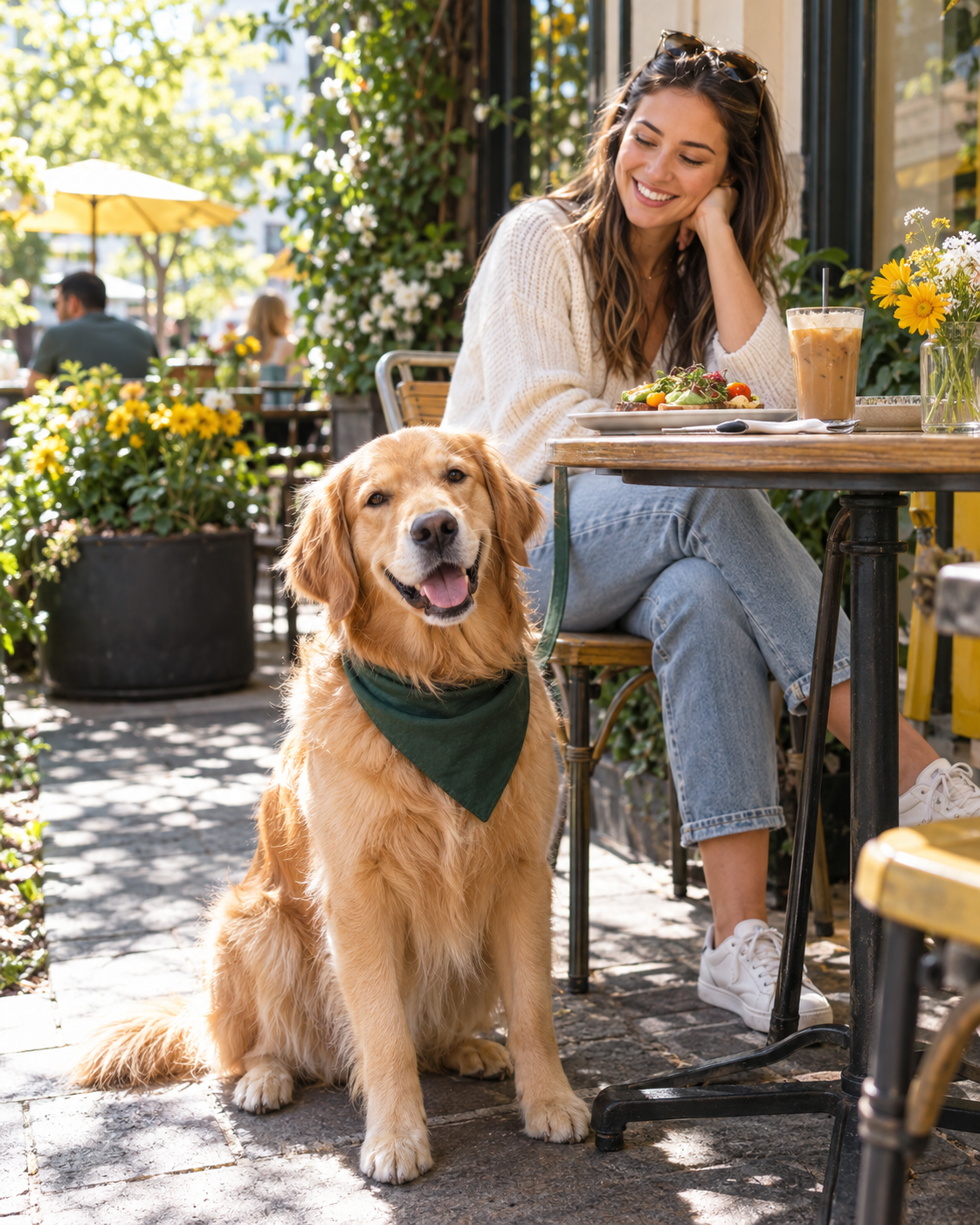 A golden retriever relaxing beside its owner at an outdoor café